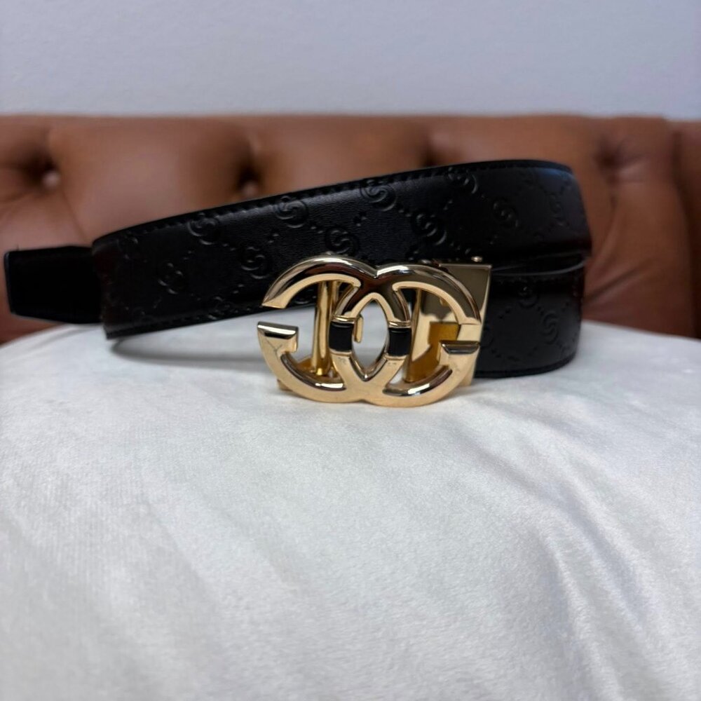 Black Leather Designer-Inspired Belt with Gold Interlocking Buckle